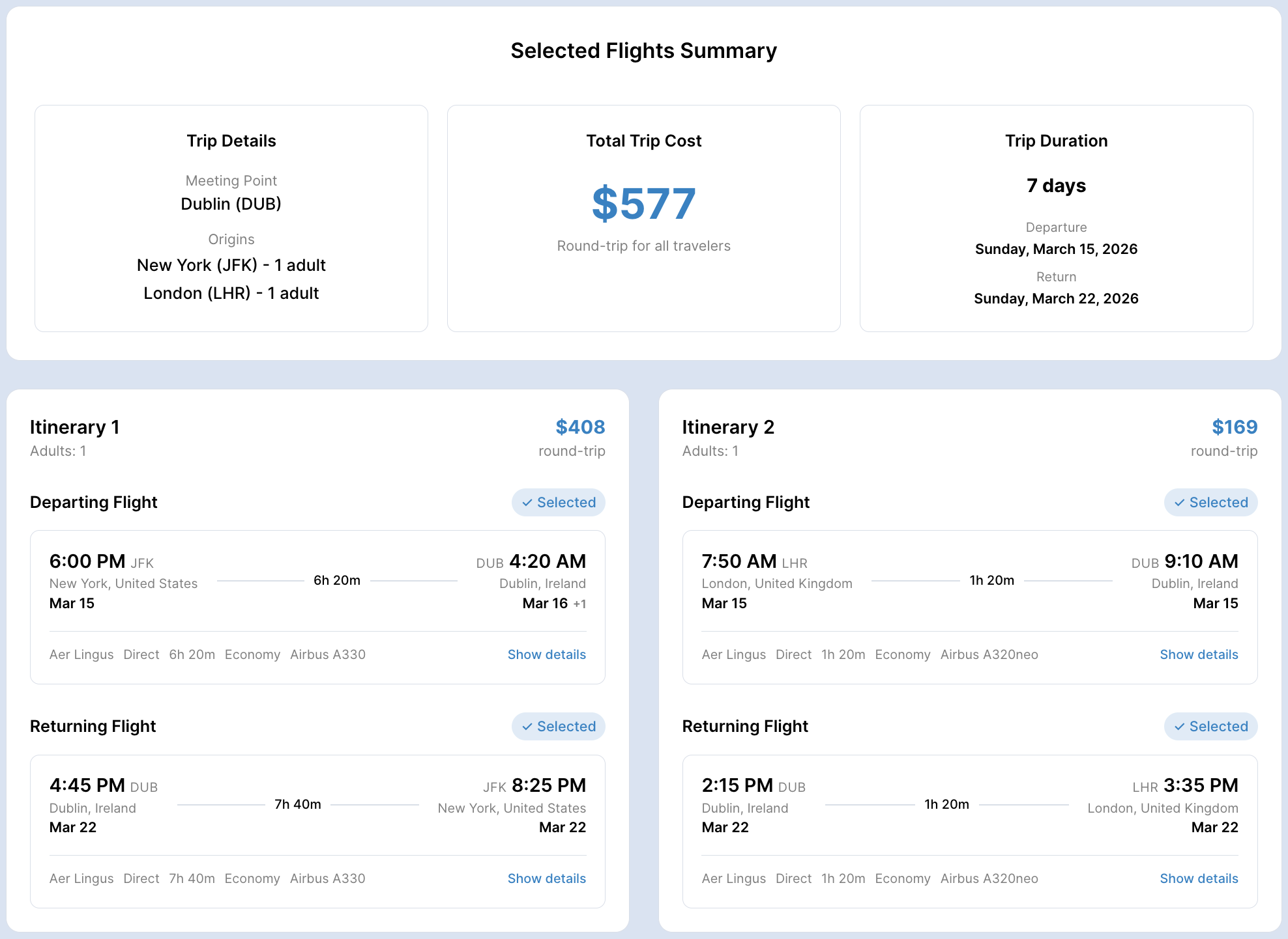 Trip summary with selected flights